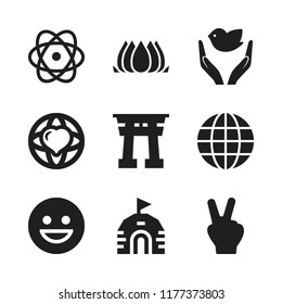 peace icon. 9 peace vector icons set. igloo, earth globe symbol of grid and atomic orbitals icons for web and design about peace theme