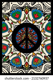 peace icon among flowers, retro hippie illustration