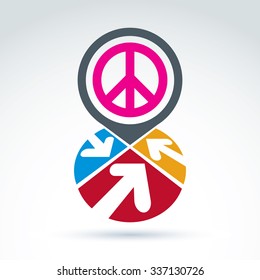 Icono de paz con flechas, trabajo y cooperación por la paz, símbolo conceptual inusual vectorial para su diseño.