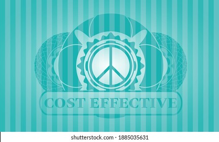 peace icon and Cost effective text Turquoise color emblem. Bars fancy background. Illustration. 