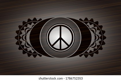 peace icon inside dark wood realistic emblem. Brown classic background. Intense illustration. 