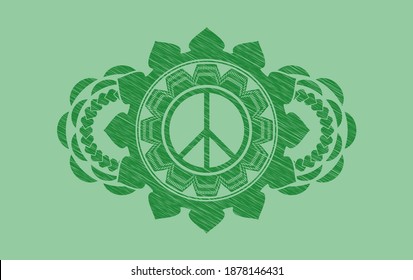 peace icon inside Green stroke realistic emblem. Eco handsome background. Vector illustration. 