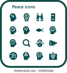 peace icon set. 16 filled peace icons.  Simple modern icons about  - Mind, Coffin, Solidarity, Door hanger, Christianity, Rosary, Priest, Protest, Om