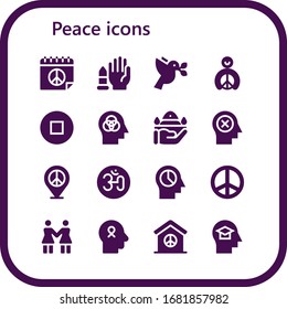 peace icon set. 16 filled peace icons. Included Peace, No weapons, Dove, Stop, Mind, Pray, Om, Solidarity, Hope icons