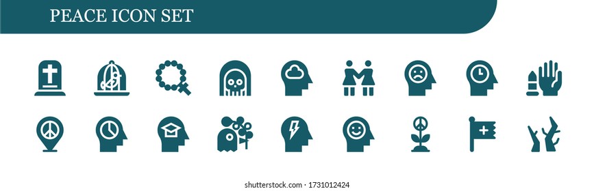 peace icon set. 18 filled peace icons.  Simple modern icons such as: Gravestone, Dove, Rosary, Death, Mind, Solidarity, No weapons, Peace, Pigeon, Christian, Branches