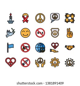 Peace icon set. Set of 20 Filled Outline style icons such as smile, dove, care, human, hope, and love. Suitable for happy, peace, or kindness theme - Vector Illustration