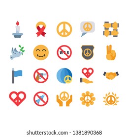 Peace icon set. Set of 20 Flat style icons such as smile, dove, care, human, hope, and love. Suitable for happy, peace, or kindness theme - Vector Illustration