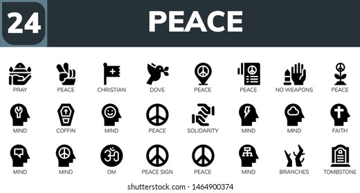 peace icon set. 24 filled peace icons.  Simple modern icons about  - Pray, Peace, Christian, Dove, No weapons, Mind, Coffin, Solidarity, Faith, Om, sign, Branches, Tombstone