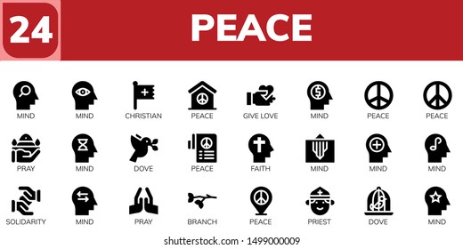 peace icon set. 24 filled peace icons.  Simple modern icons about  - Mind, Christian, Peace, Give love, Pray, Dove, Faith, Solidarity, Branch, Priest