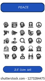  peace icon set. 25 filled peace icons. Simple modern icons about  - Mind, Peace, Gravestone, Peace sign, Dove, Protest, No weapons, Freedom, Rosary, Stop, Priest, Solidarity