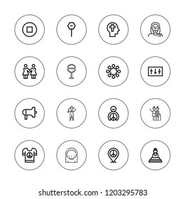 Peace icon set. collection of 16 outline peace icons with buddha, death, faith, equalizer, god, kindness, peace, priest, solidarity, stop icons.