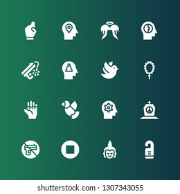 peace icon set. Collection of 16 filled peace icons included Door hanger, Buddha, Stop, No weapons, Tombstone, Mind, Dove, Hand, Prayer, Peace, Angel