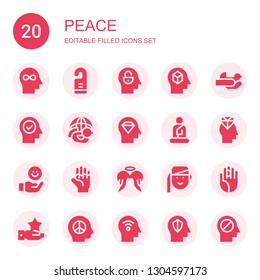 peace icon set. Collection of 20 filled peace icons included Mind, Door hanger, Hands, Dove, Buddha, Hand, Angel, Armenian, Hand palm, Peace