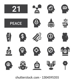 peace icon set. Collection of 21 filled peace icons included Stop, Dove, Tombstone, Angel, Peace, Mind, Buddha, Coffin, Hand, Mindfulness