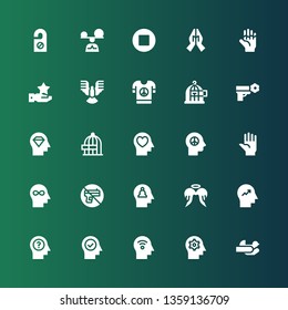 conjunto de iconos de paz. Colección de 25 íconos de paz llenos incluyen Manos, Mente, Ángel, Sin armas, Mano, Paz, Libertad, Palabra, Paro, Atención, Percha de Puerta.