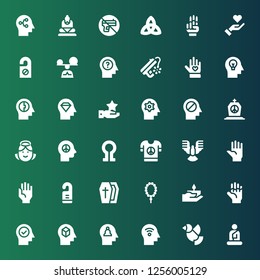 peace icon set. Collection of 36 filled peace icons included Buddha, Dove, Mind, Hand, Prayer, Coffin, Door hanger, Peace, Death, Angel, Tombstone, Voluntary, Mindfulness, Give love