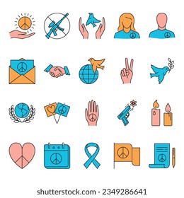 Peace icon set in colored line style. No war, dove of peace, hippie symbols. Vector illustration.