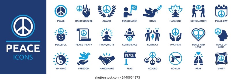 Peace icon set. Containing pacifism, dove, harmony, tranquility, freedom, conciliation, peace day and more. Solid vector icons collection.