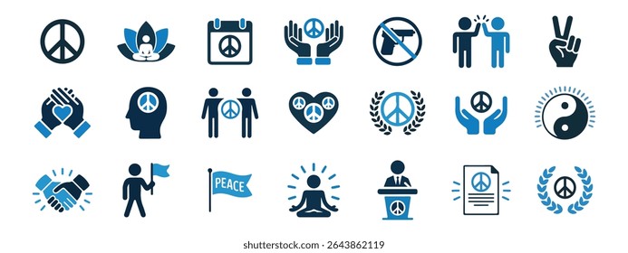 Peace icon set. Containing pacifism, dove, harmony, tranquility, freedom, conciliation, peace day and more. Solid vector icons collection.
