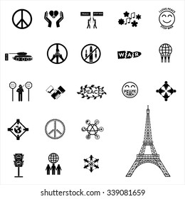 peace icon set. stop terrorism. pray for paris.