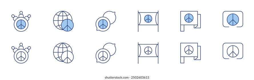 Peace icon set in two styles, Duotone and Thin Line style. Editable stroke. peace and freedom, dove symbol, global peace flag, social equity, community support.