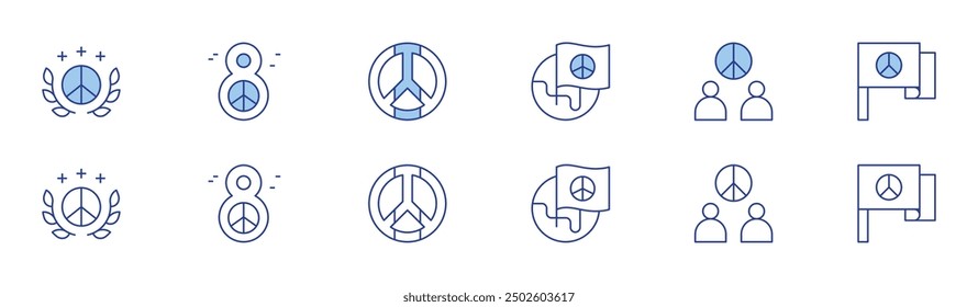 Peace icon set in two styles, Duotone and Thin Line style. Editable stroke. peace advocacy, dove, freedom rights, peace flag, social reform.