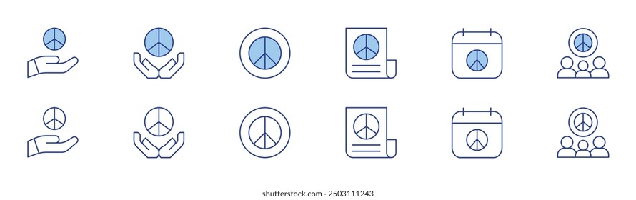 Peace icon set in two styles, Duotone and Thin Line style. Editable stroke. peace treaties, freedom rights, dove, peace flag, diplomatic solutions.