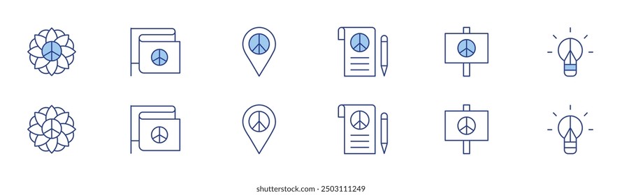 Peace icon set in two styles, Duotone and Thin Line style. Editable stroke. peace and spirituality, dove, freedom of belief, peace flag, holistic wellness.