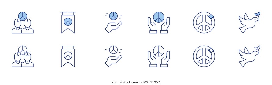 Peace icon set in two styles, Duotone and Thin Line style. Editable stroke. peace symbols, freedom of thought, dove imagery, peace flag, international harmony.