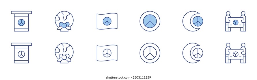 Peace icon set in two styles, Duotone and Thin Line style. Editable stroke. peace in society, dove, freedom rights, peace flag, social harmony.