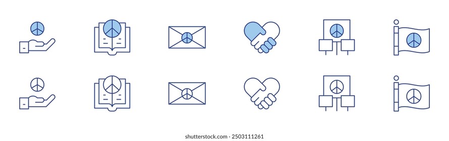Peace icon set in two styles, Duotone and Thin Line style. Editable stroke. inner peace, freedom, peace flag, dove symbol, emotional resilience.