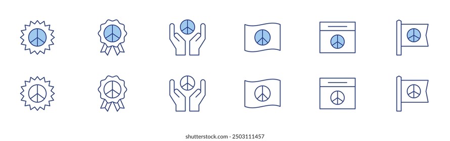 Peace icon set in two styles, Duotone and Thin Line style. Editable stroke. symbolic peace, dove, freedom protection, peace flag, social justice efforts.