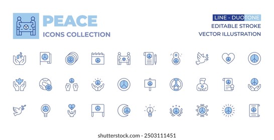 Peace icons collection. Line Duotone style, editable stroke. peace, peacesymbol, peacesign, dove, peaceofmind, freedom, peacetreaty.