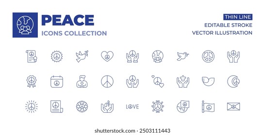 Peace icons collection. Thin Line icons, editable stroke. world peace, global harmony, anti-war movements, disarmament, peace treaties.