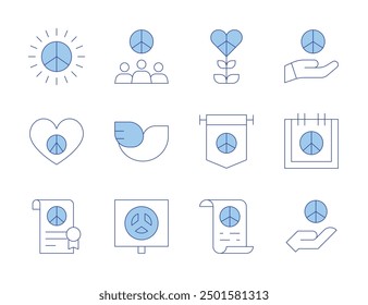 Peace icons. Line Duotone style, editable stroke. world peace, peace flag, freedom movements, dove of peace, international cooperation.