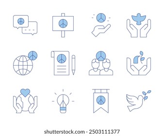 Peace icons. Line Duotone style, editable stroke. peace symbols, dove, freedom of thought, peace flag, cultural harmony.