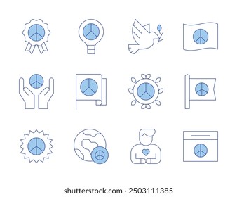 Peace icons. Line Duotone style, editable stroke. freedom and peace, dove symbol, peace flag, global harmony, social justice.