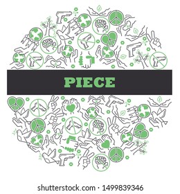 Peace icons in round frame composition, vector illustration. Fine line pacifist icons, stop war, protect earth, for peaceful life. People united with idea of peace, bright future, protest against war