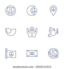 Peace icons set. Thin Line style, editable stroke. peace and security, national stability, defense strategies, anti-terrorism, peacekeeping forces.