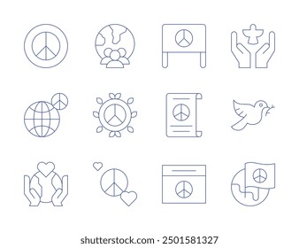 Peace icons. Thin Line style, editable stroke. peace of heart, emotional healing, self-love, compassion practices, mental wellness.