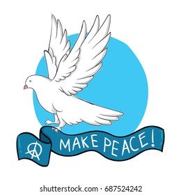 Peace illustration concept. A dove flying with Make Peace ribbon in his feet.