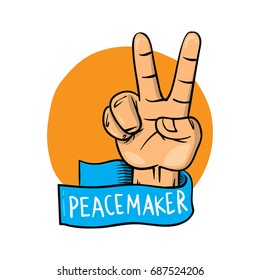 Peace Illustration Concept. Hand Gesture Showing Victory And Peace Sign, With Peace Maker Ribbon.