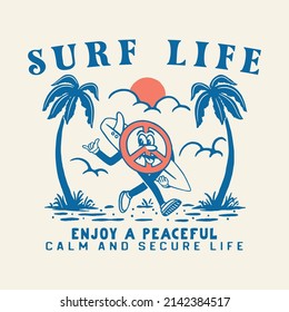 Peace Illustration Mascot Design Surf Vintage Palm Surfboard