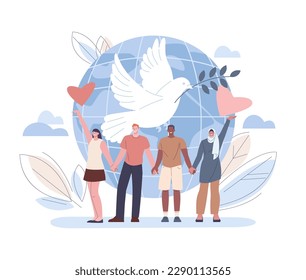 Peace and international friendship concept. Nonviolence, white dove with branch and multicultural people group holding hands, kicky vector scene