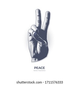 Peace isolated abstract halftone vector illustration. Victory hand gesture digital art. Raised arm with two fingers turned up graphic design. Social communications concept. Black on white background.