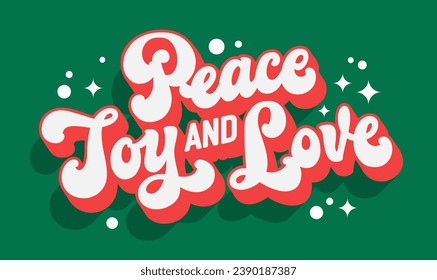 Peace, Joy and Love, festive modern script lettering template for Christmas occasions. Red and green colored, isolated vector typography design element. Phrase for any Winter Holidays purposes