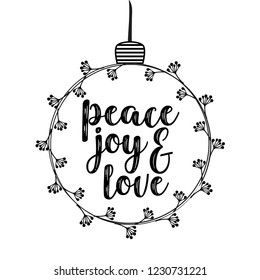 Peace, joy and love text typography design for christmas holidays. Can be used for prints, greetings card, t-shirt, logo and new year designs. 