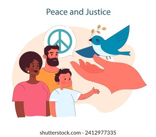 Peace and Justice. Promoting global harmony and lawful equity. Emblems of tranquility for societal cohesion. Flat vector illustration