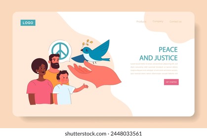 Peace and justice web or landing. Promoting global harmony and lawful equity. Emblems of tranquility for societal cohesion. Flat vector illustration