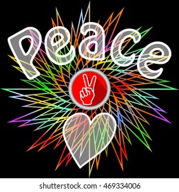 Peace leaflet. Semitransparent peace inscription, victoria finger gesture and heart on black background with rainbow line star shape. Flyer in retro hippies style. Antiwar theme